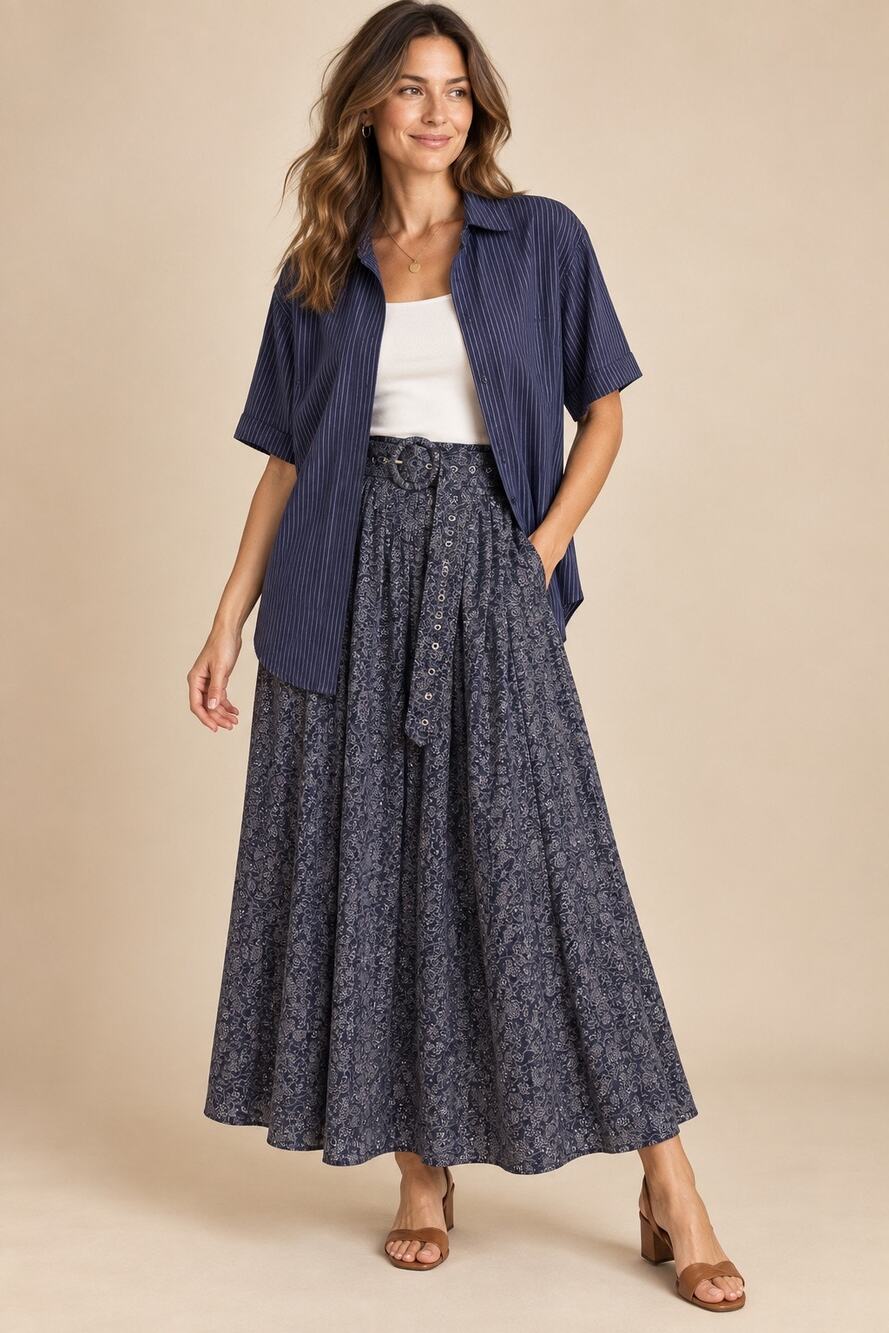Vintage Silk Club 100% Silk Navy Shirt & Maxi Skirt Set Size Medium